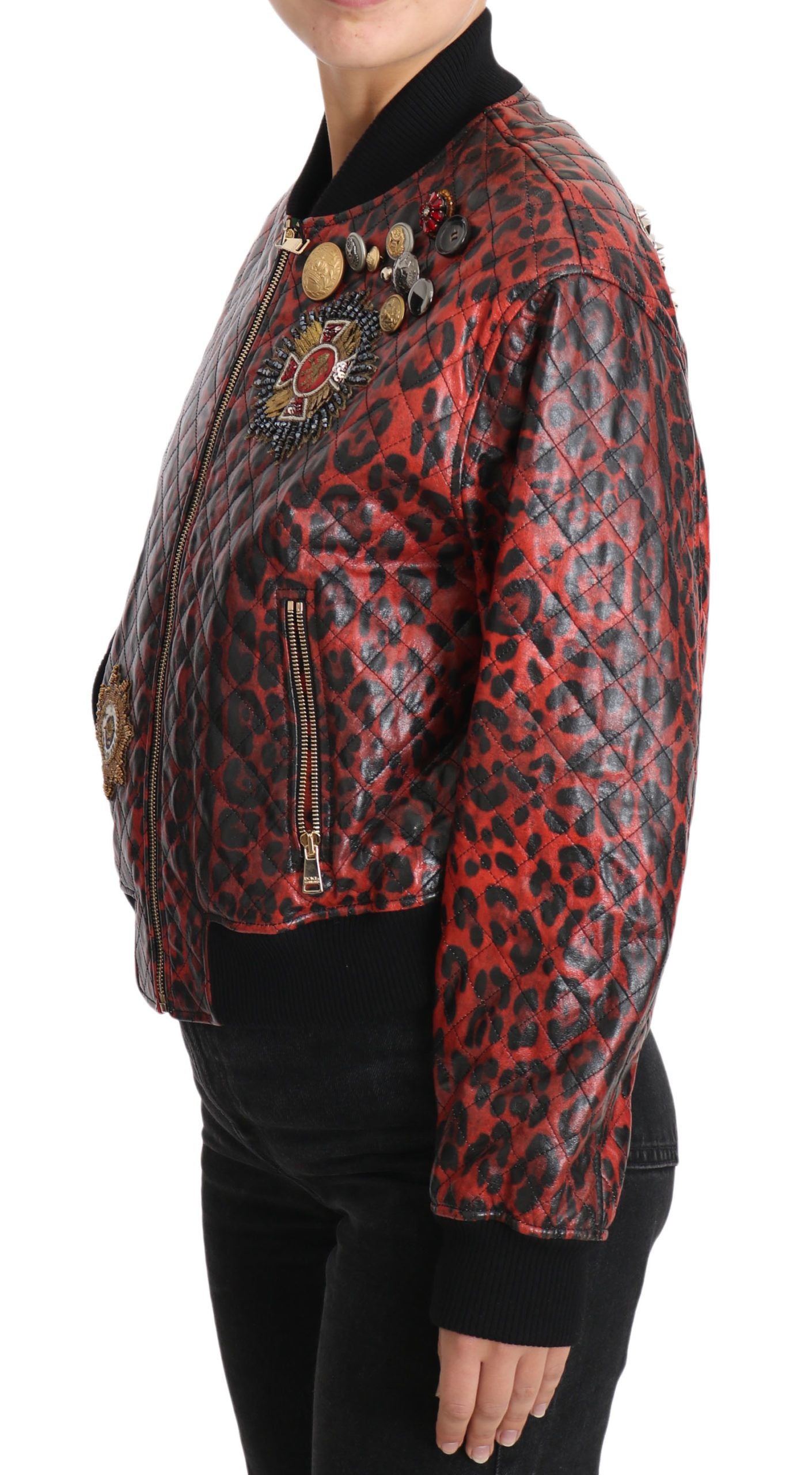 Dolce & Gabbana Red Leopard Bomber Leather Jacket with Crystal Buttons Dolce & Gabbana