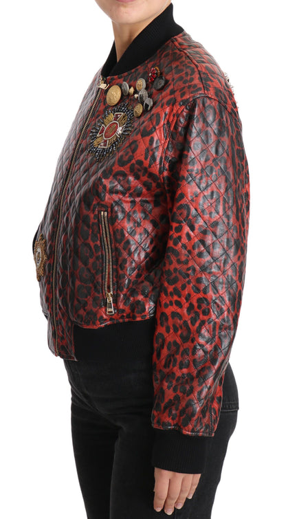 Dolce & Gabbana Red Leopard Bomber Leather Jacket with Crystal Buttons Dolce & Gabbana