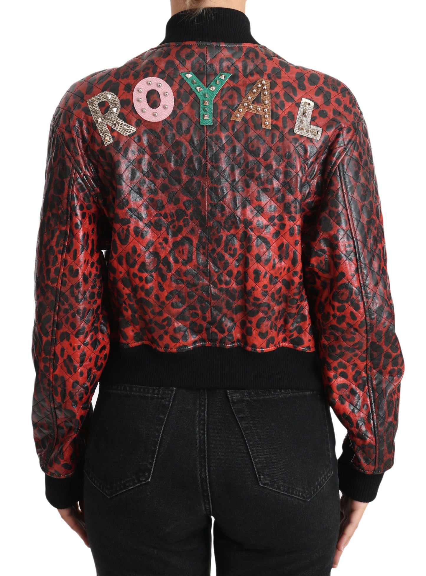 Dolce & Gabbana Red Leopard Bomber Leather Jacket with Crystal Buttons Dolce & Gabbana