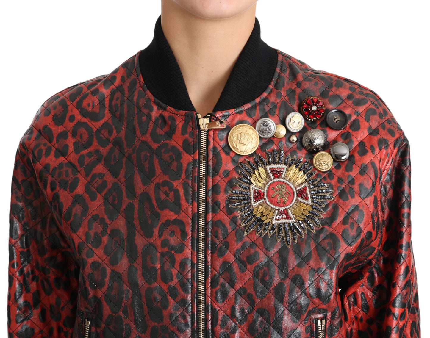 Dolce & Gabbana Red Leopard Bomber Leather Jacket with Crystal Buttons Dolce & Gabbana