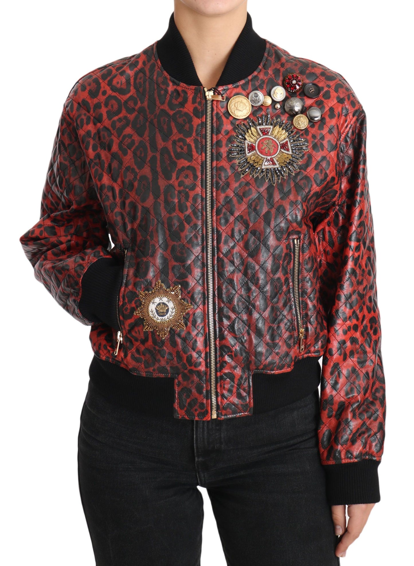 Dolce & Gabbana Red Leopard Bomber Leather Jacket with Crystal Buttons Dolce & Gabbana