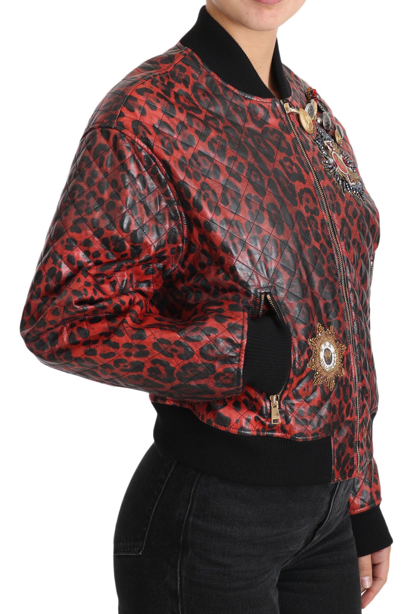 Dolce & Gabbana Red Leopard Bomber Leather Jacket with Crystal Buttons Dolce & Gabbana