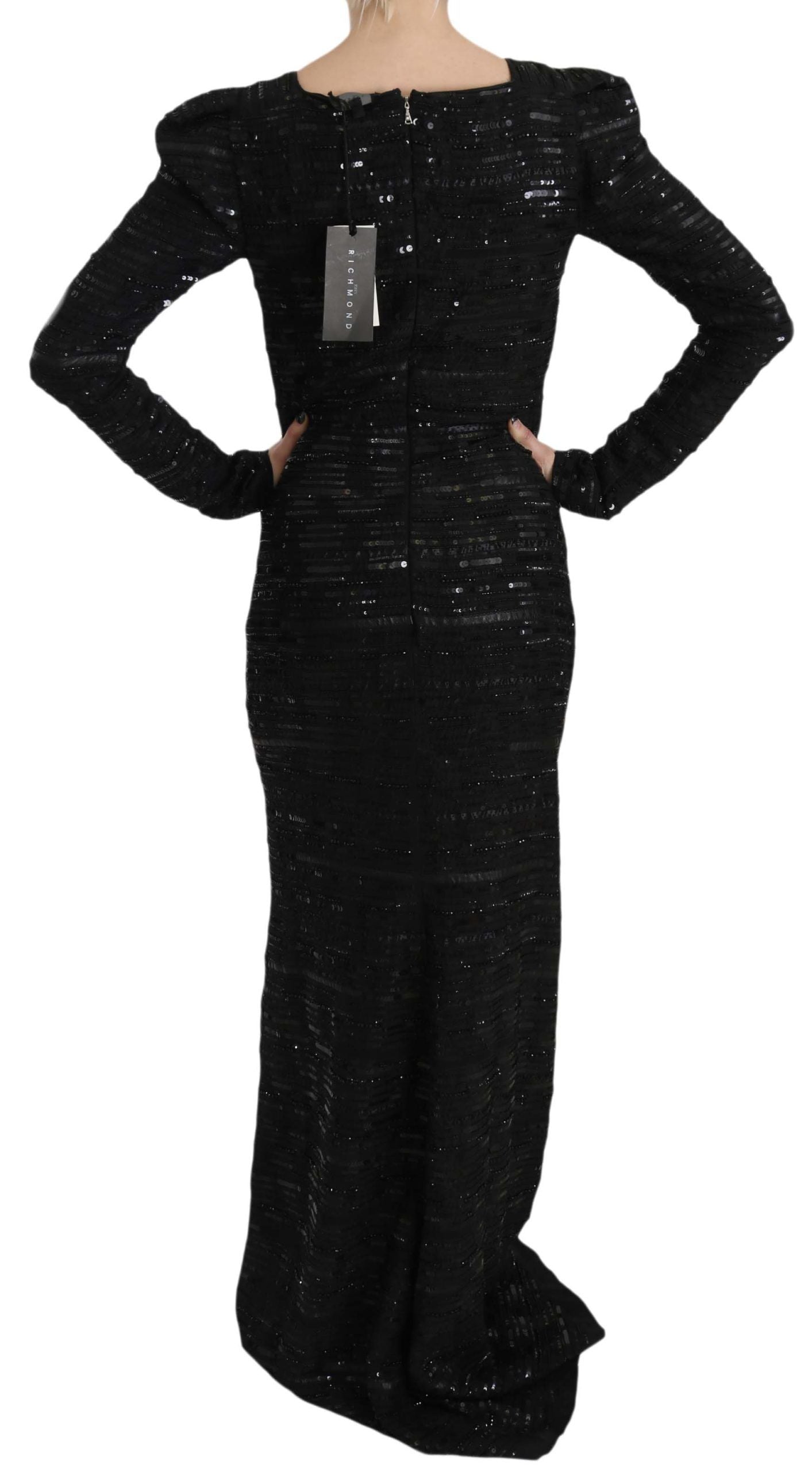 John Richmond Black Silk Sheath Maxi Dress with Sequins John Richmond