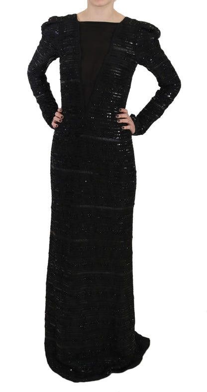 John Richmond Black Silk Sheath Maxi Dress with Sequins John Richmond