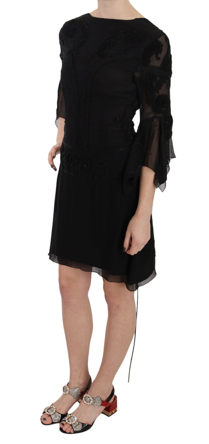 John Richmond Elegant Black Sequined Silk Mini Dress John Richmond