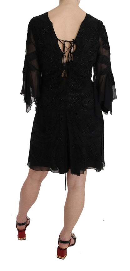 John Richmond Elegant Black Sequined Silk Mini Dress John Richmond