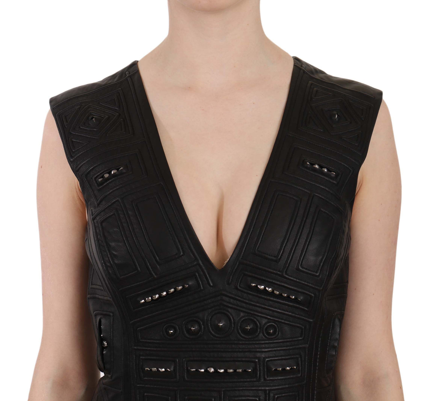 John Richmond Studded Black Leather Mini Sheath Dress John Richmond