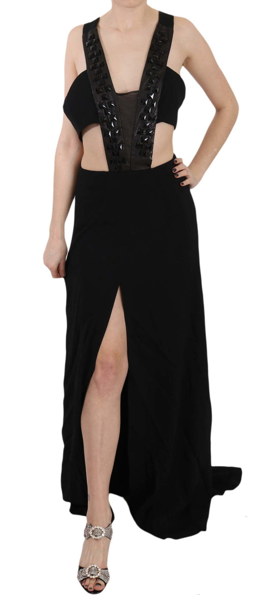 John Richmond Elegant Flare Maxi Evening Dress with Crystal Accents John Richmond