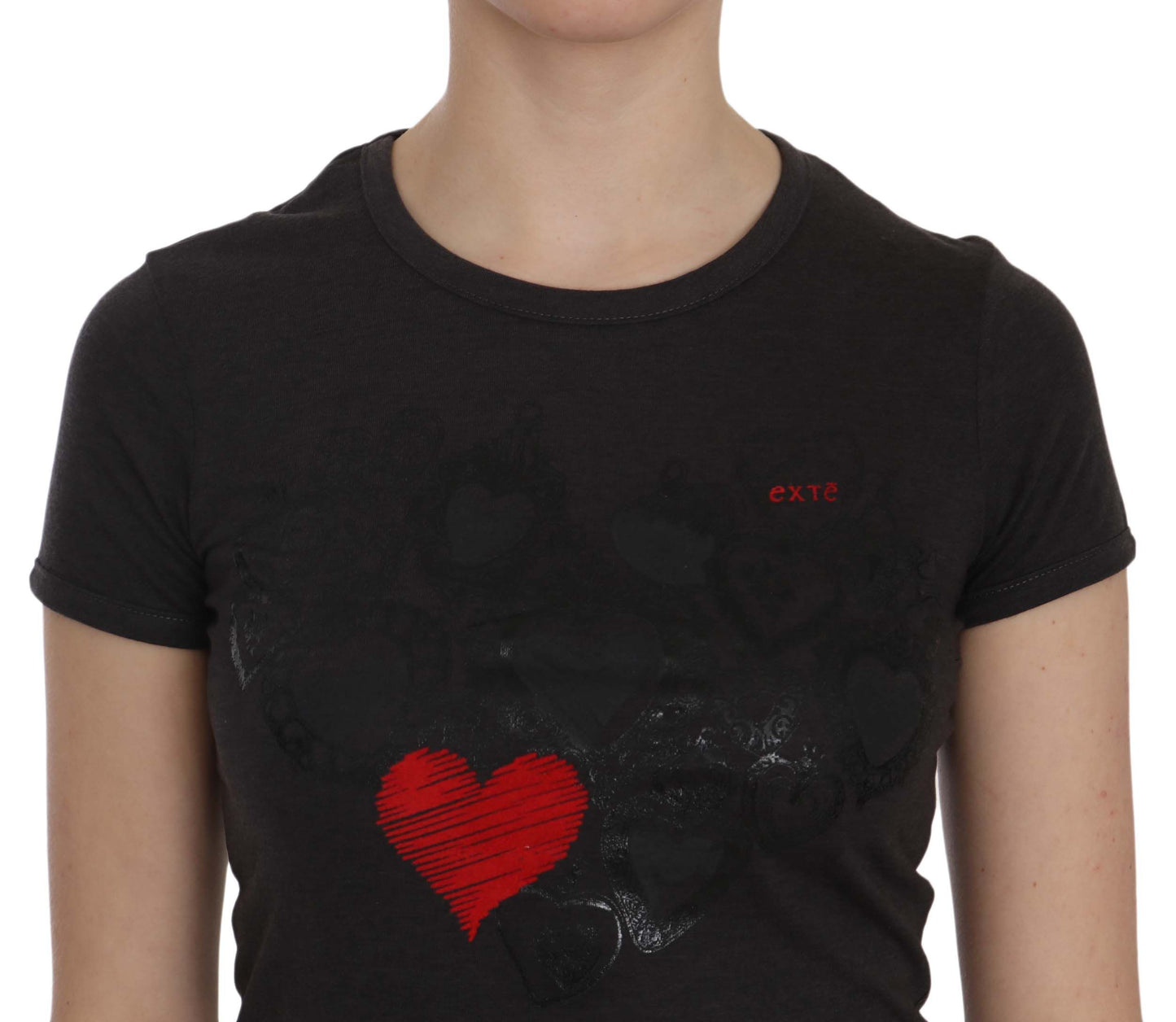 Exte Black Hearts Print Crew Neck Blouse Exte