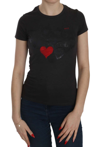 Exte Black Hearts Print Crew Neck Blouse Exte