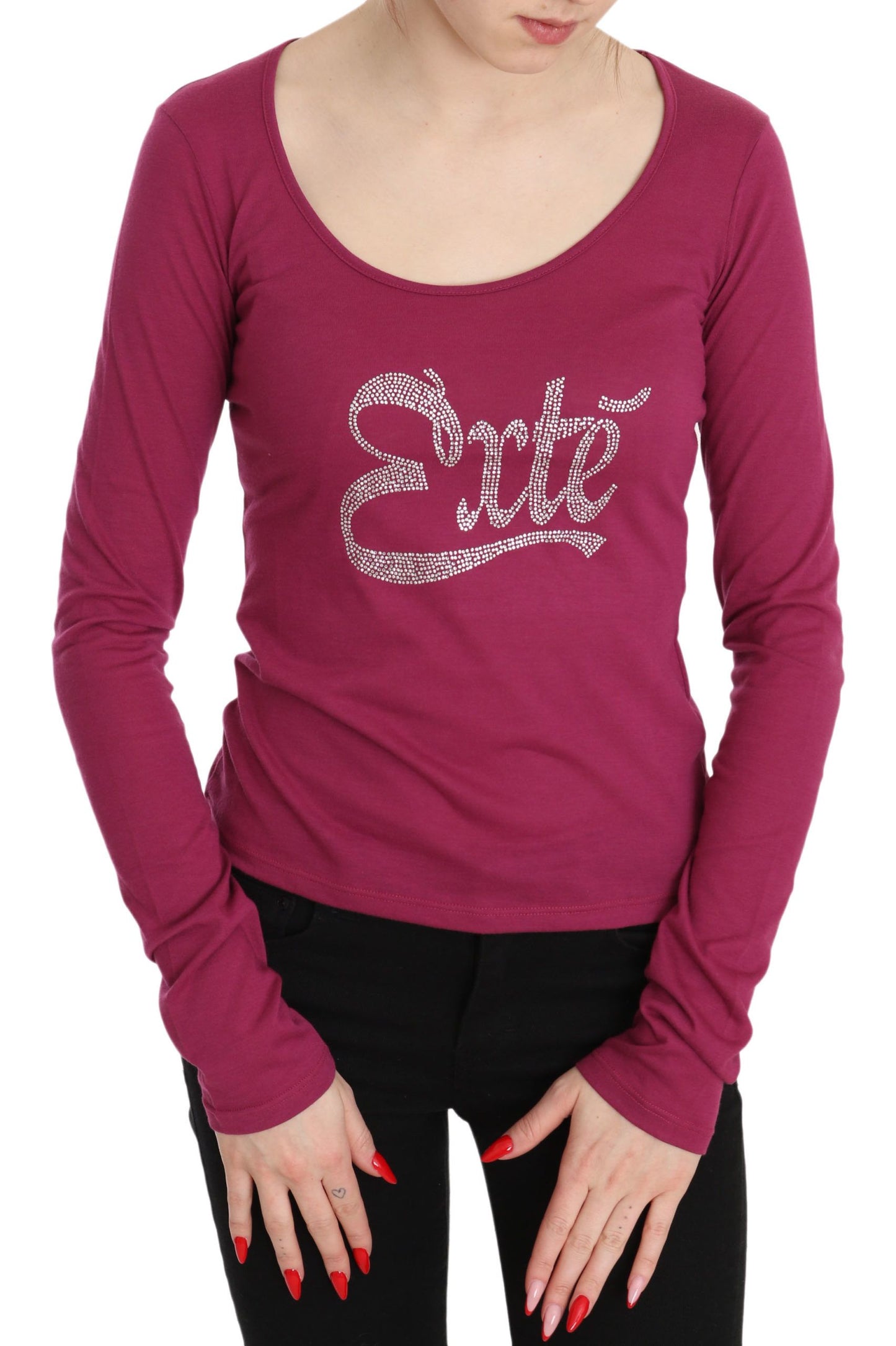 Exte Elegant Pink Crystal Embellished Long Sleeve Top Exte