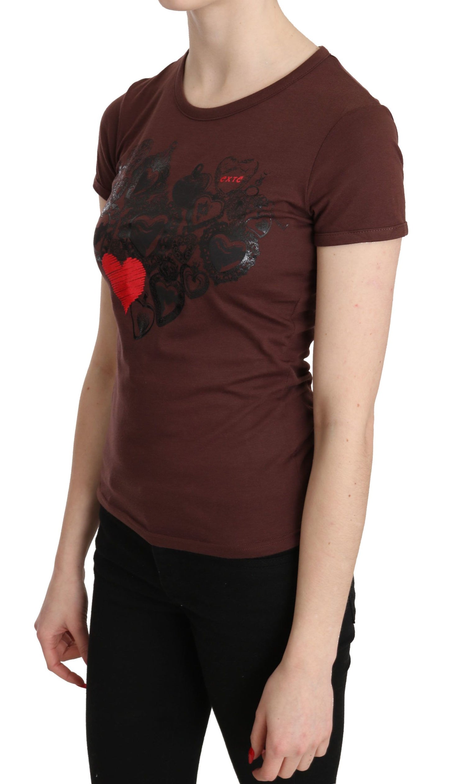 Exte Chic Brown Hearts Printed Short Sleeve Top Exte