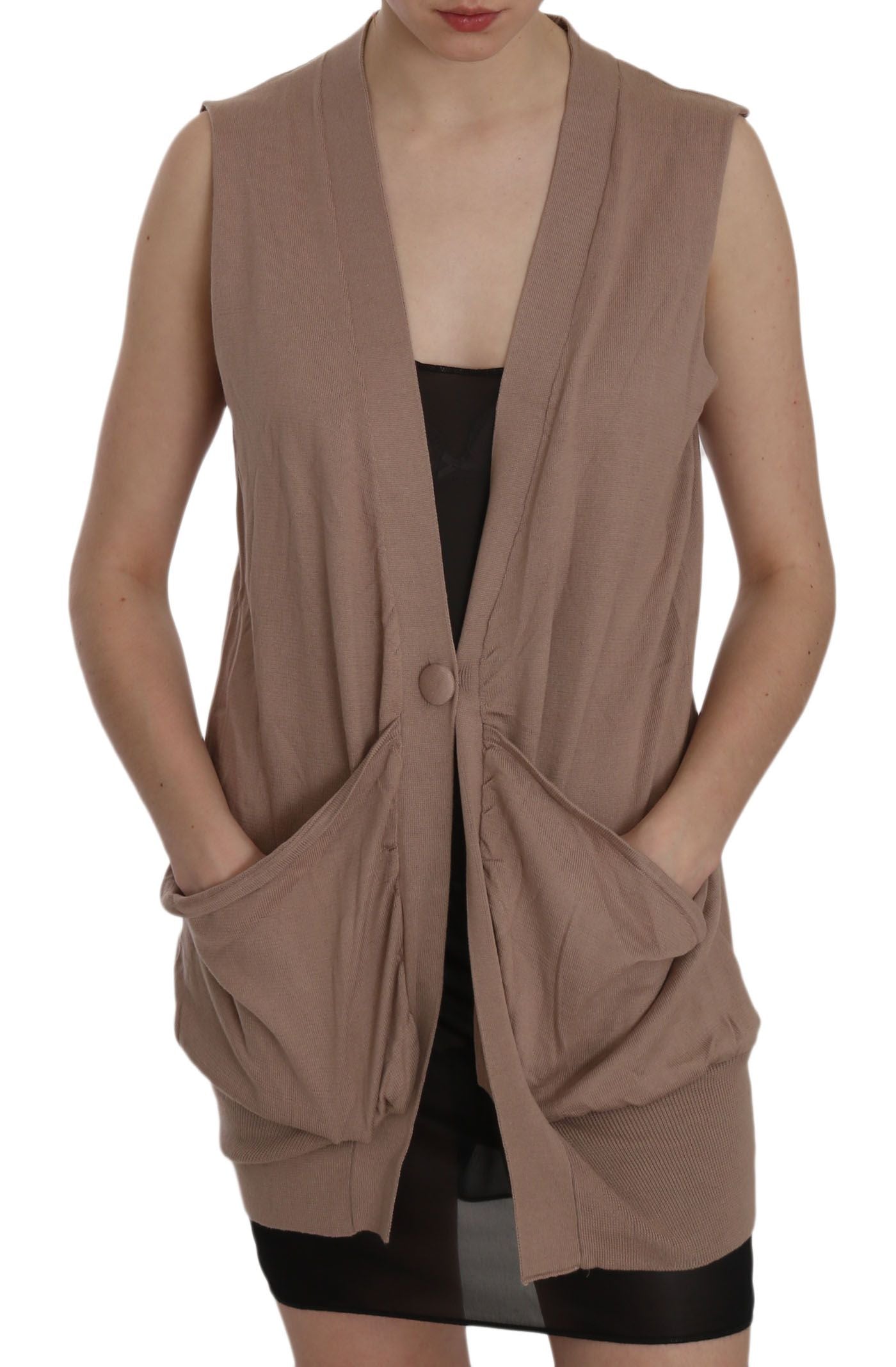 PINK MEMORIES Chic Sleeveless Cotton Cardigan Vest - Elegant Brown PINK MEMORIES