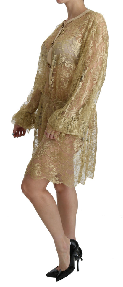 Dolce & Gabbana Elegant Gold Lace A-Line Knee Length Dress Dolce & Gabbana