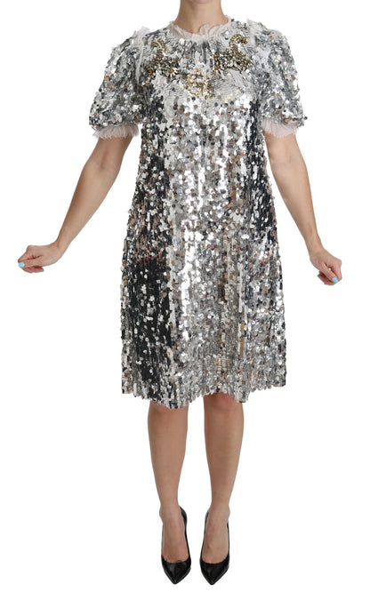 Dolce & Gabbana Elegant Silver A-Line Dress with Crystal Accents Dolce & Gabbana