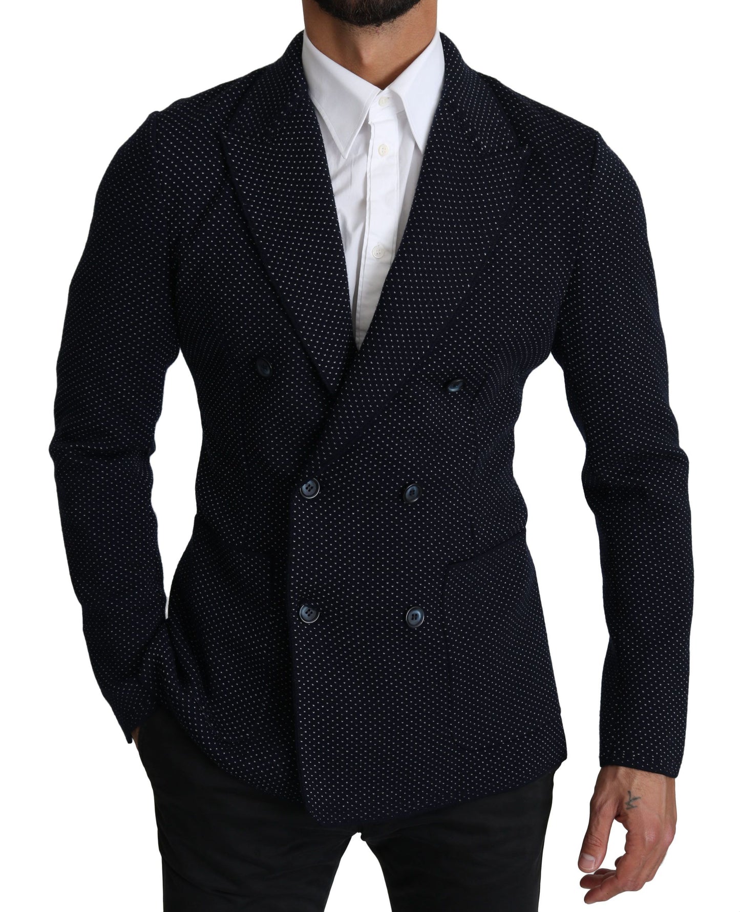 Dolce & Gabbana Elegant Dark Blue Dotted Slim-Fit Blazer Dolce & Gabbana