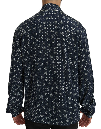 Dolce & Gabbana Silken Elegance: Blue Skull Print Lounge Shirt Dolce & Gabbana