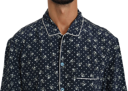 Dolce & Gabbana Silken Elegance: Blue Skull Print Lounge Shirt Dolce & Gabbana