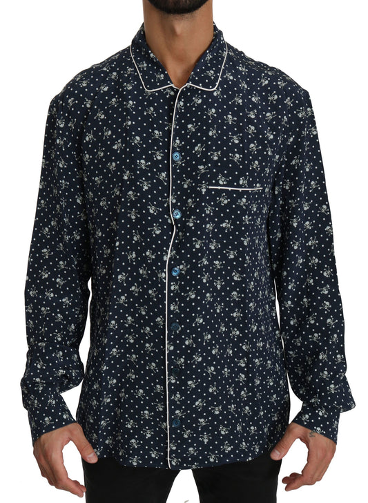 Dolce & Gabbana Silken Elegance: Blue Skull Print Lounge Shirt Dolce & Gabbana