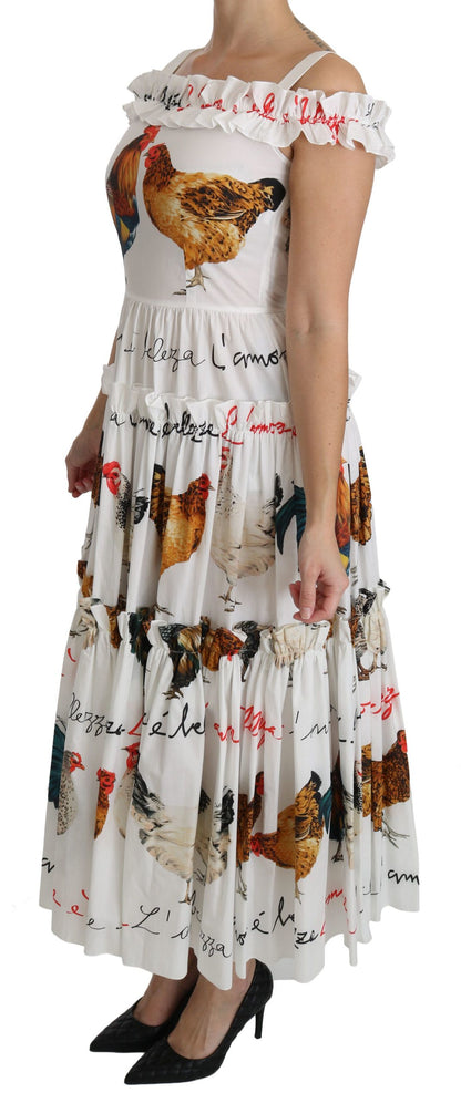 Dolce & Gabbana Elegant White Rooster Print Sheath Midi Dress Dolce & Gabbana