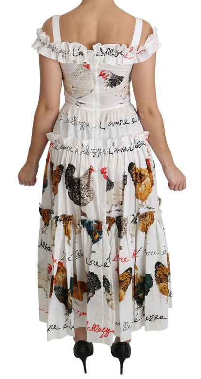 Dolce & Gabbana Elegant White Rooster Print Sheath Midi Dress Dolce & Gabbana