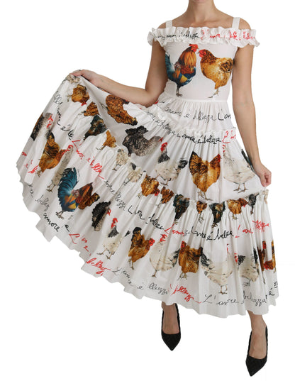 Dolce & Gabbana Elegant White Rooster Print Sheath Midi Dress Dolce & Gabbana