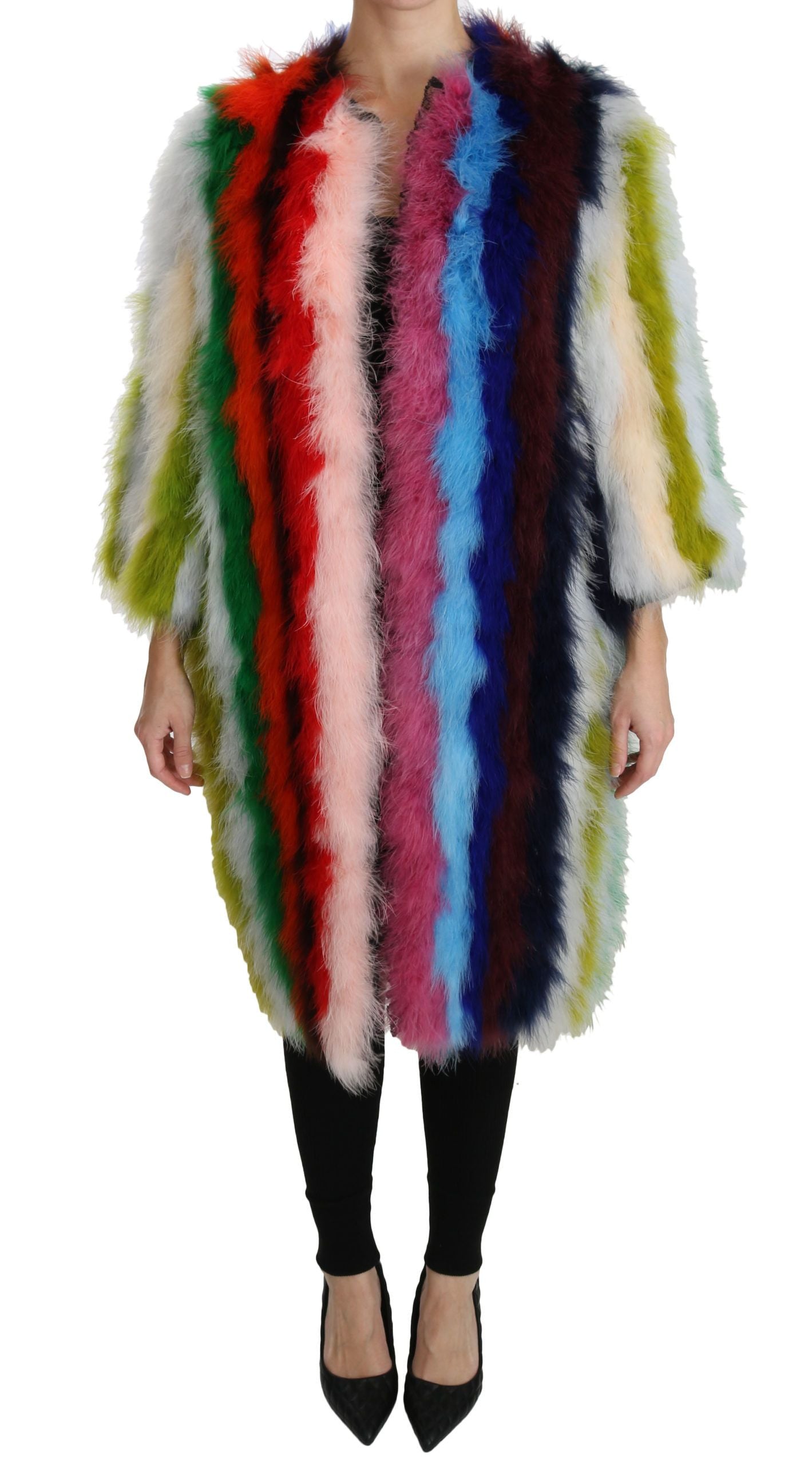 Dolce & Gabbana Elegant Multicolor Feather Long Coat Jacket Dolce & Gabbana