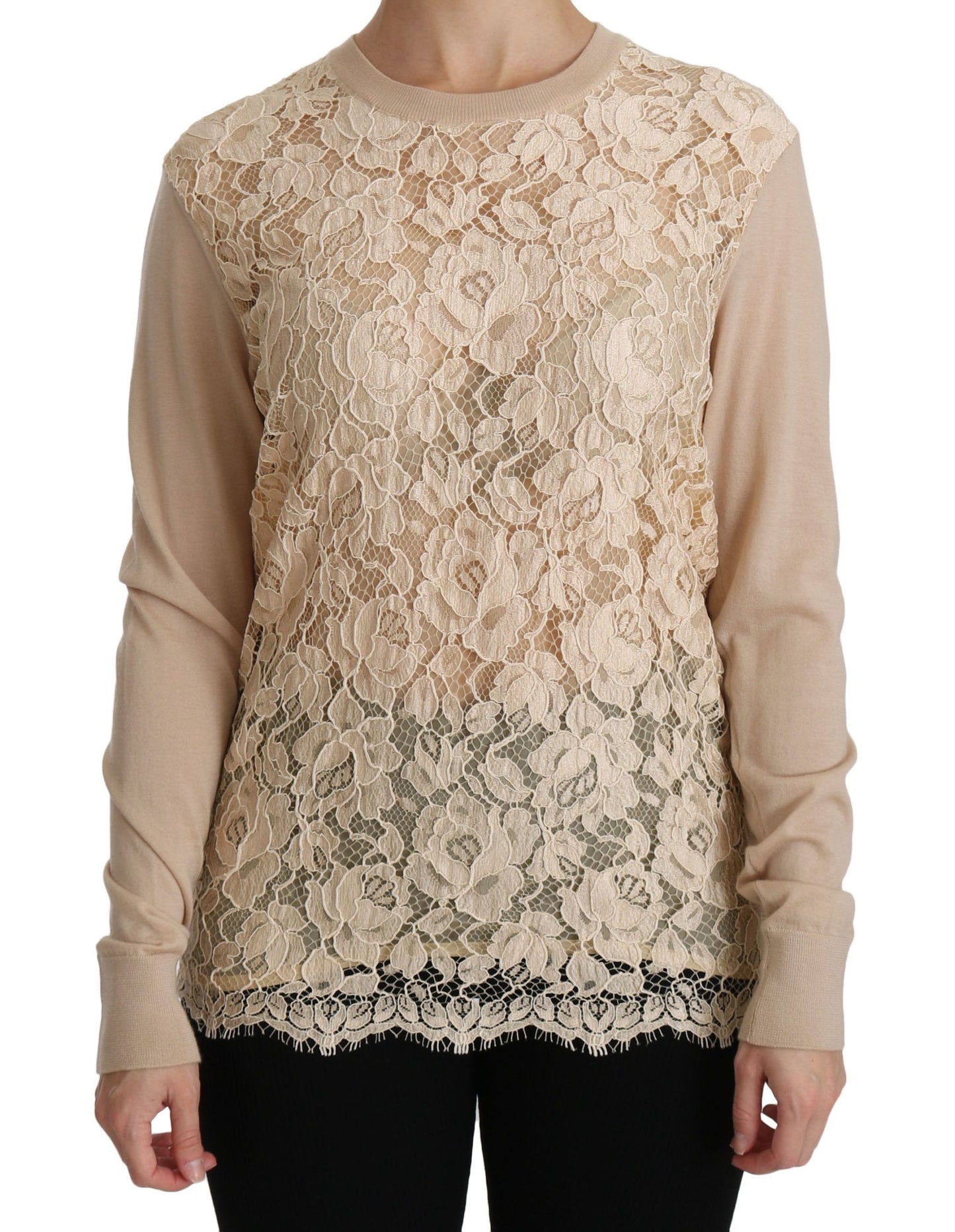 Dolce & Gabbana Elegant Beige Lace Crew Neck Cashmere Blouse Dolce & Gabbana