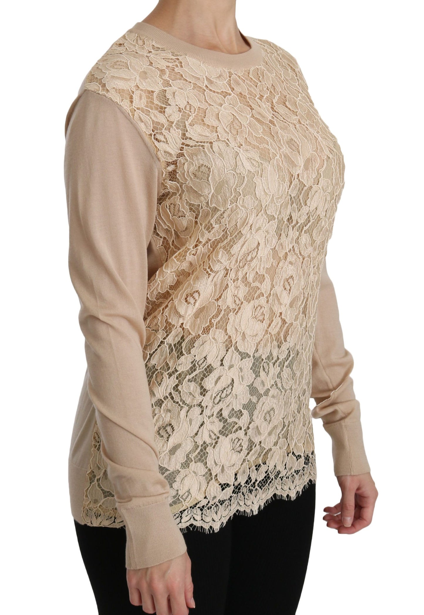 Dolce & Gabbana Elegant Beige Lace Crew Neck Cashmere Blouse Dolce & Gabbana