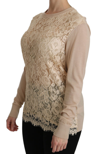 Dolce & Gabbana Elegant Beige Lace Crew Neck Cashmere Blouse Dolce & Gabbana