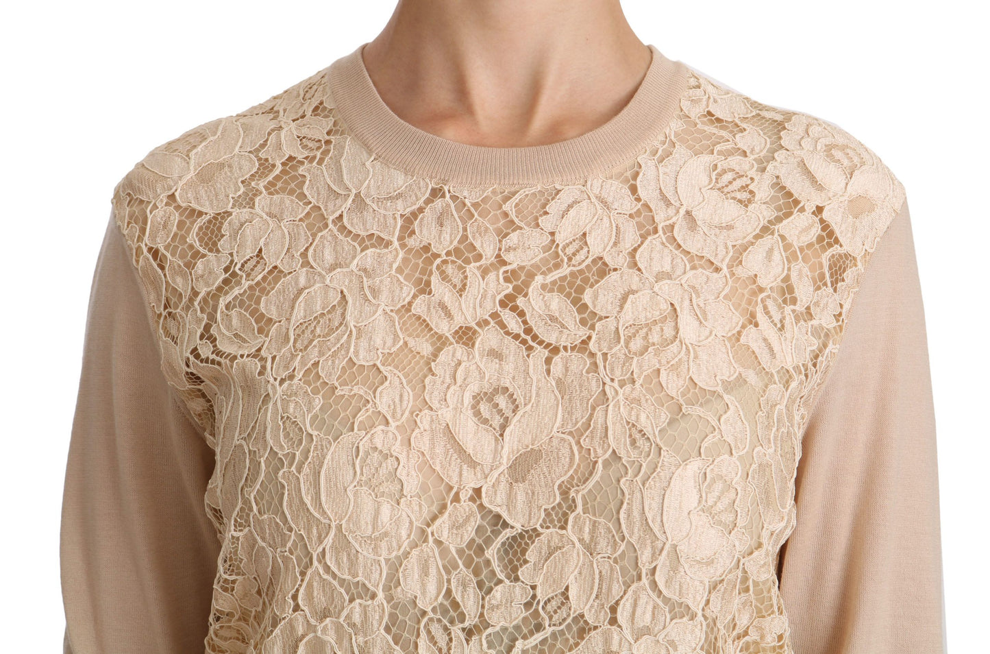 Dolce & Gabbana Elegant Beige Lace Crew Neck Cashmere Blouse Dolce & Gabbana