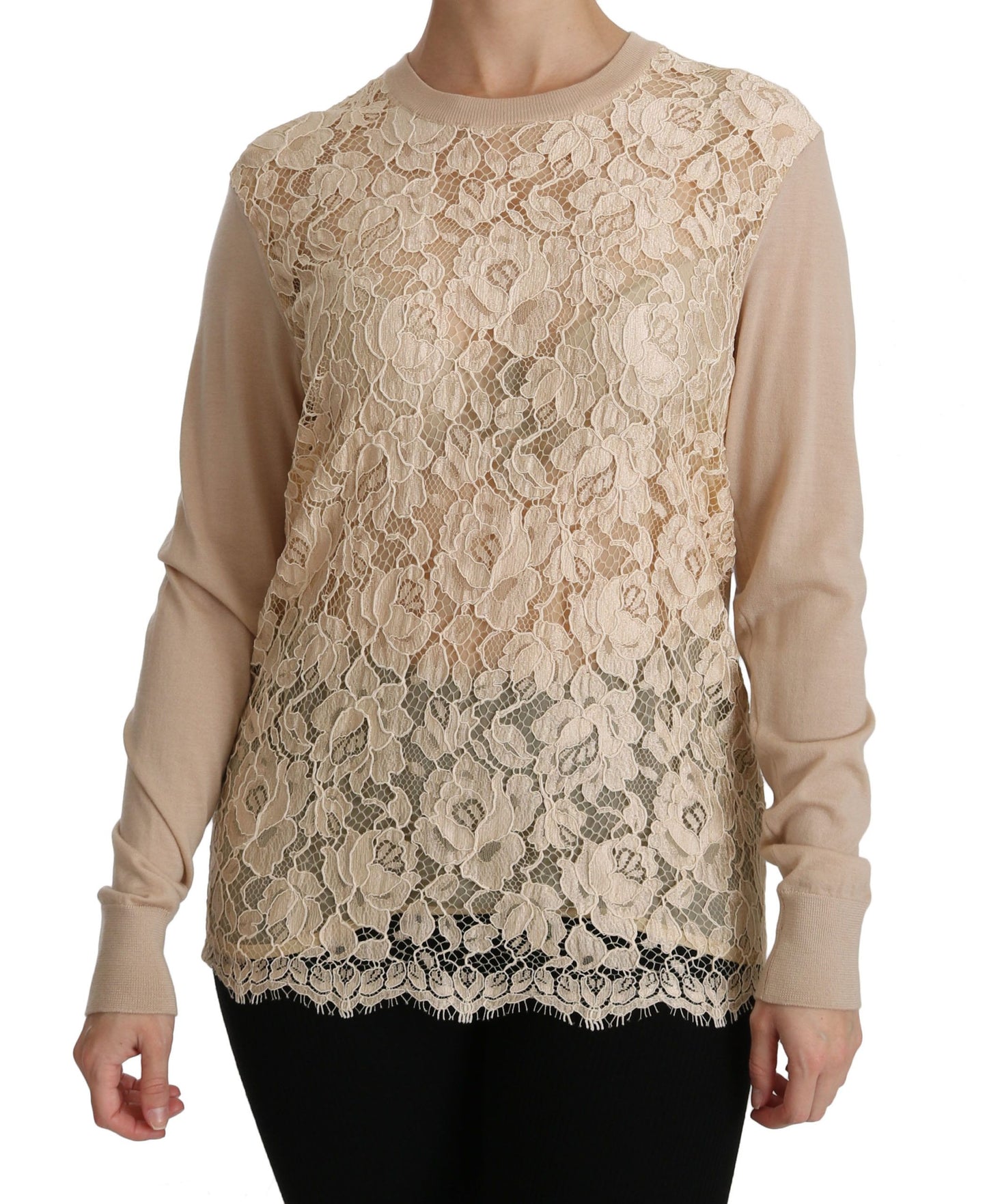 Dolce & Gabbana Elegant Beige Lace Crew Neck Cashmere Blouse Dolce & Gabbana