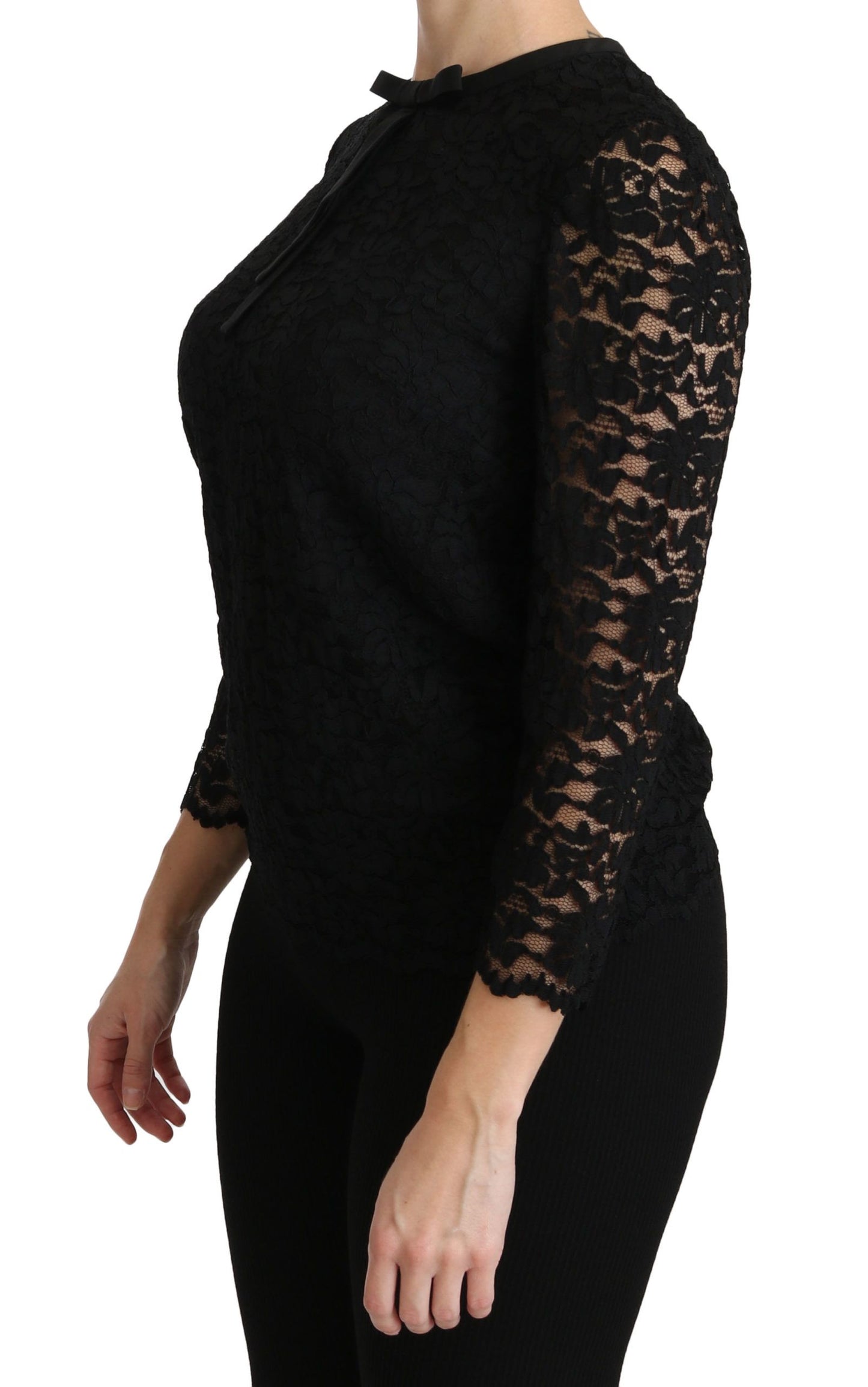 Dolce & Gabbana Elegant Black Lace Crew Neck Blouse Dolce & Gabbana