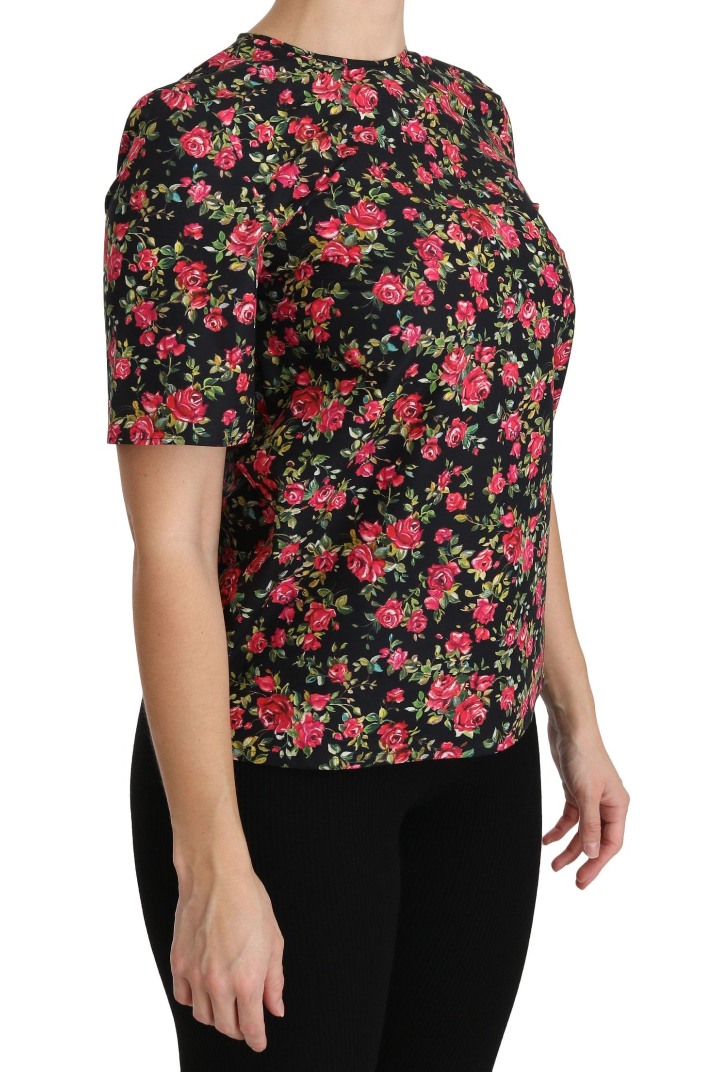 Dolce & Gabbana Elegant Black Floral Crew Neck Top Dolce & Gabbana