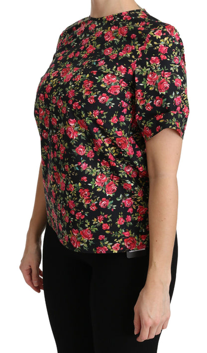 Dolce & Gabbana Elegant Black Floral Crew Neck Top Dolce & Gabbana