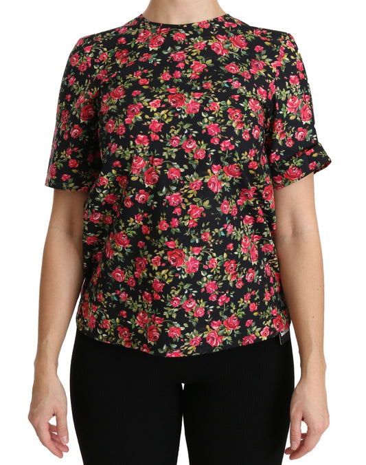 Dolce & Gabbana Elegant Black Floral Crew Neck Top Dolce & Gabbana