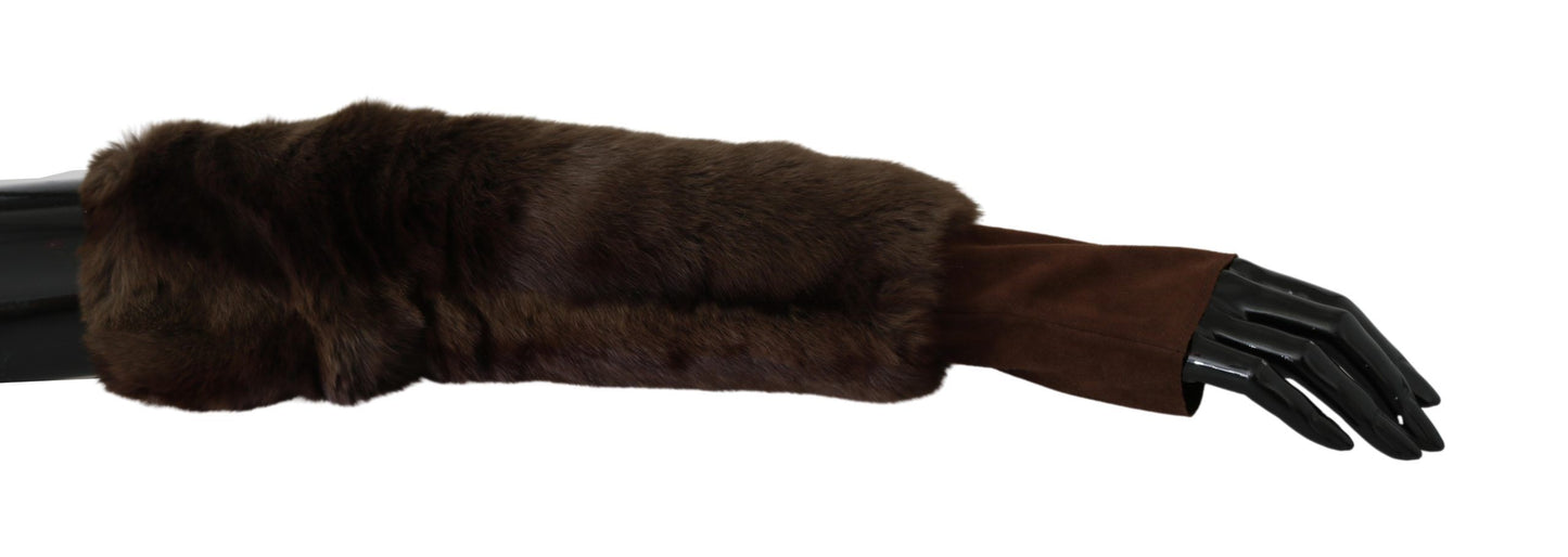 Dolce & Gabbana Elegant Brown Fur & Leather Elbow-Length Gloves Dolce & Gabbana