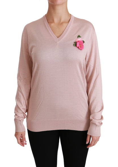 Dolce & Gabbana Pink Floral Silk V-Neck Sweater Dolce & Gabbana