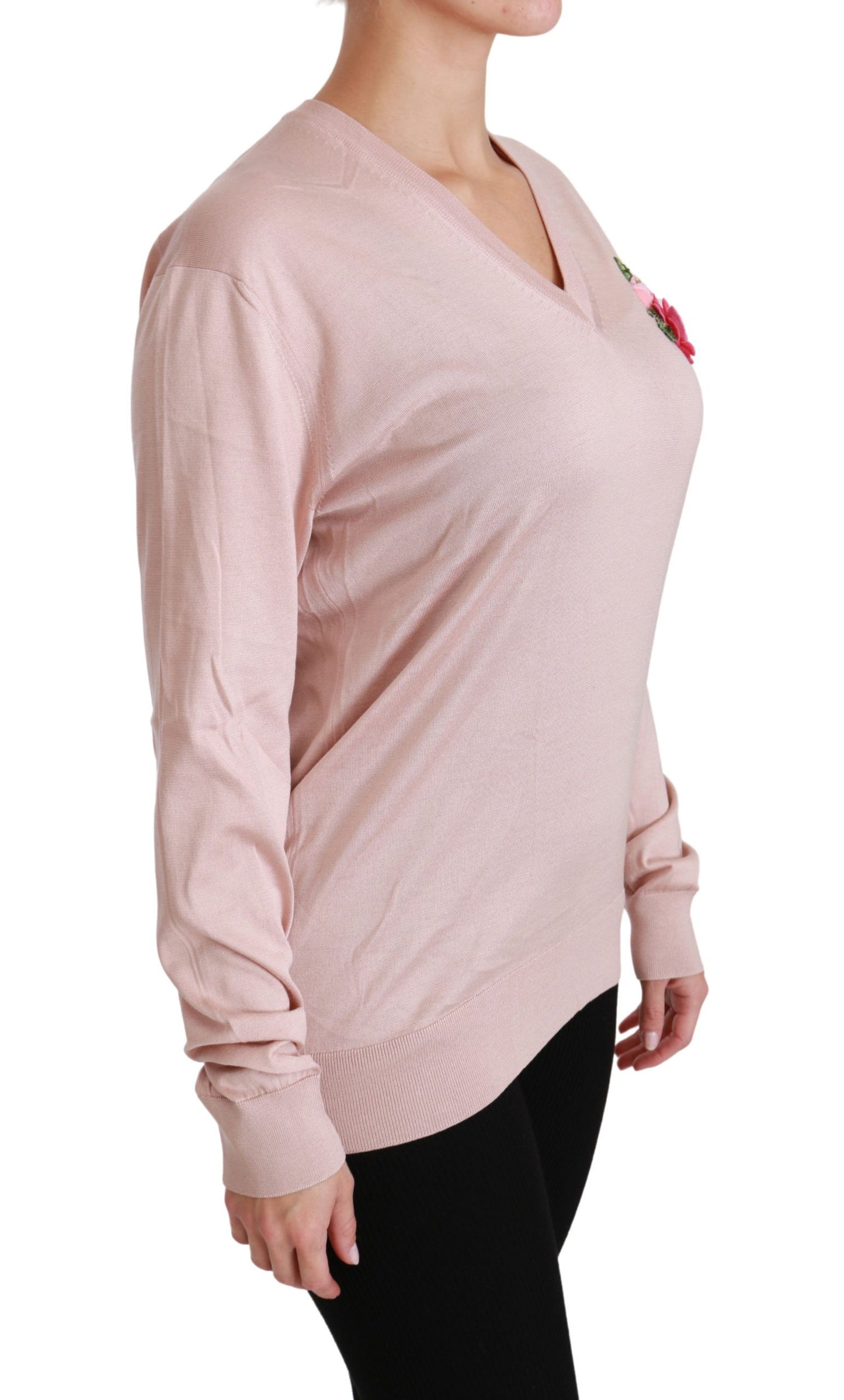 Dolce & Gabbana Pink Floral Silk V-Neck Sweater Dolce & Gabbana