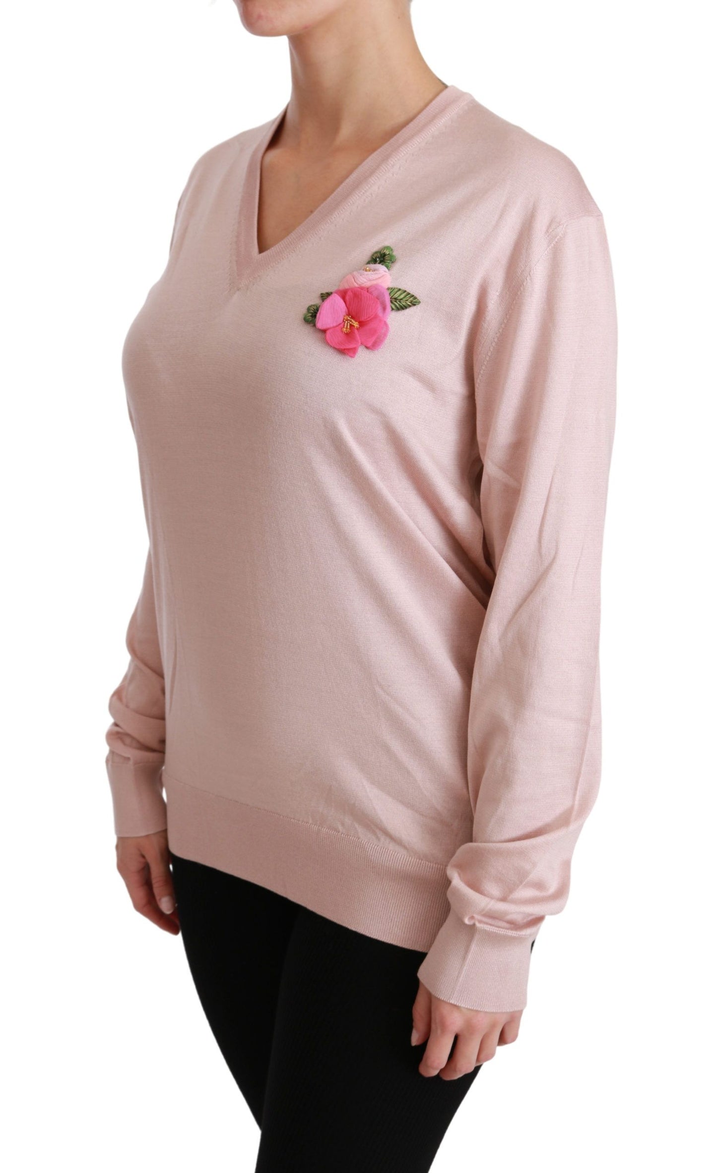 Dolce & Gabbana Pink Floral Silk V-Neck Sweater Dolce & Gabbana