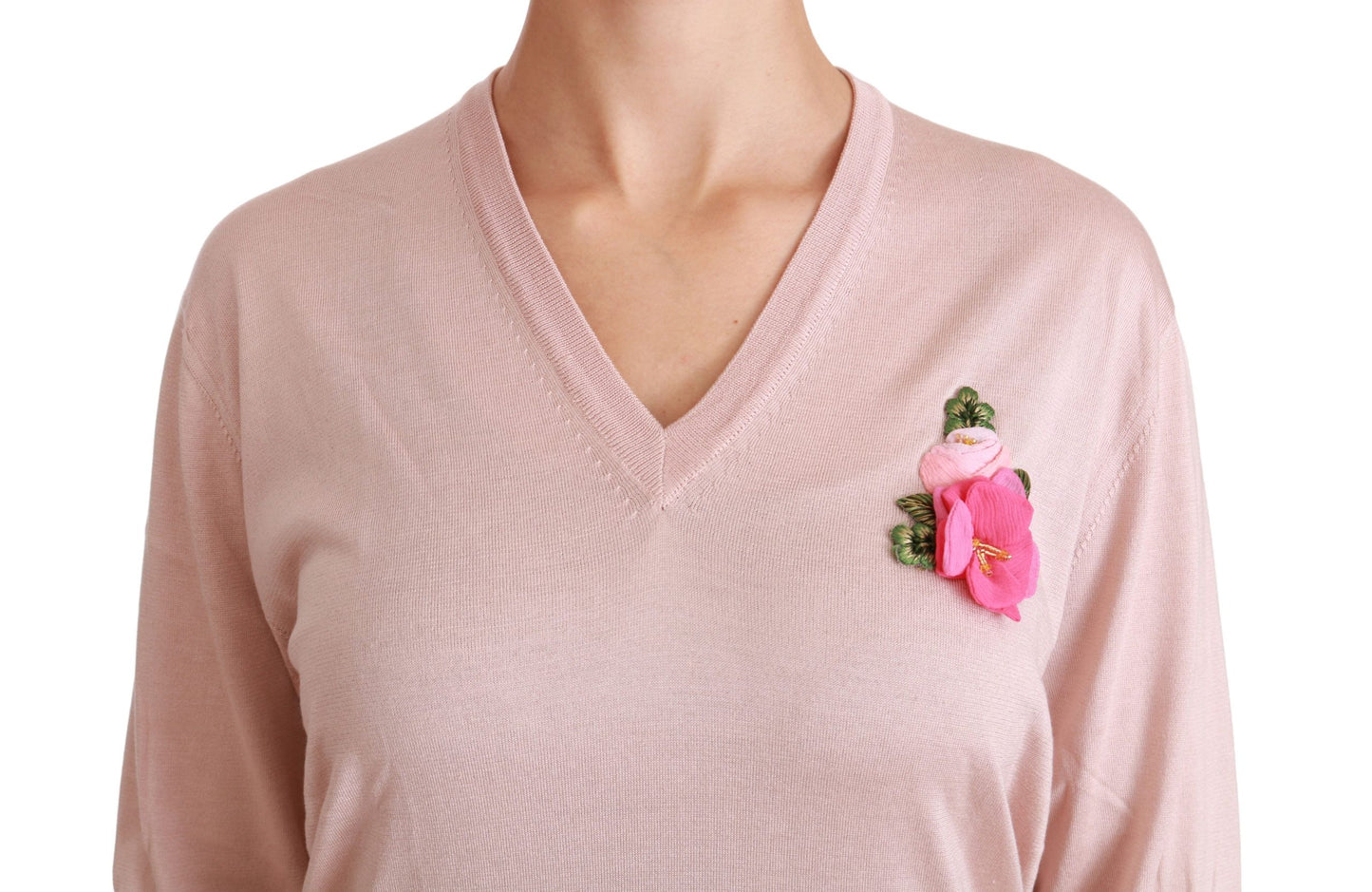 Dolce & Gabbana Pink Floral Silk V-Neck Sweater Dolce & Gabbana