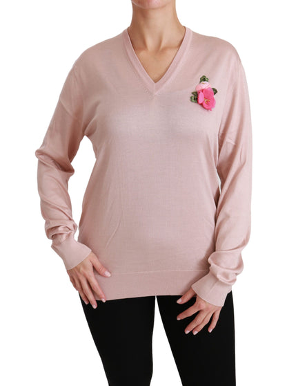 Dolce & Gabbana Pink Floral Silk V-Neck Sweater Dolce & Gabbana