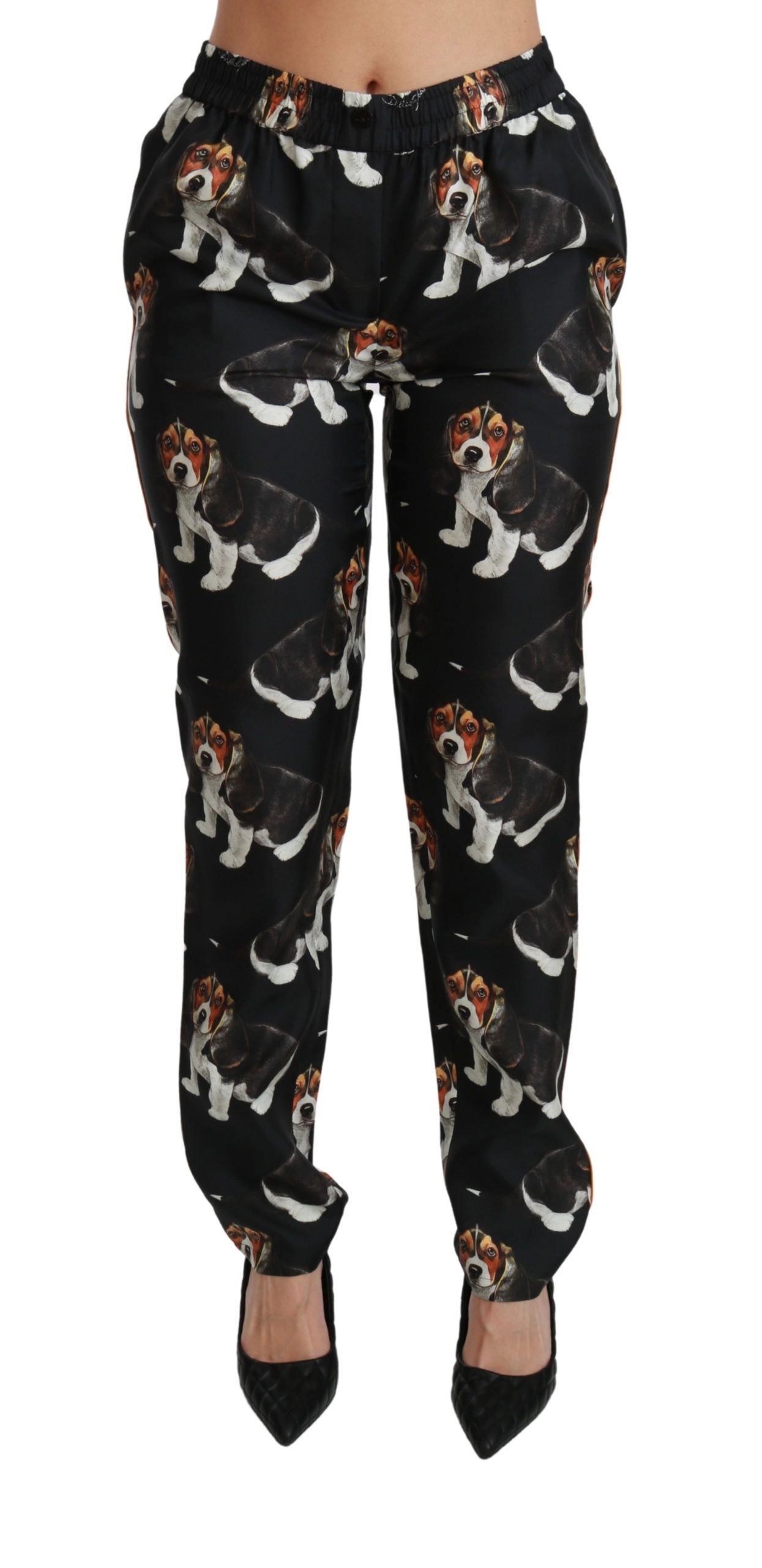 Dolce & Gabbana Elegant Silk Puppy Dog Print Pants Dolce & Gabbana