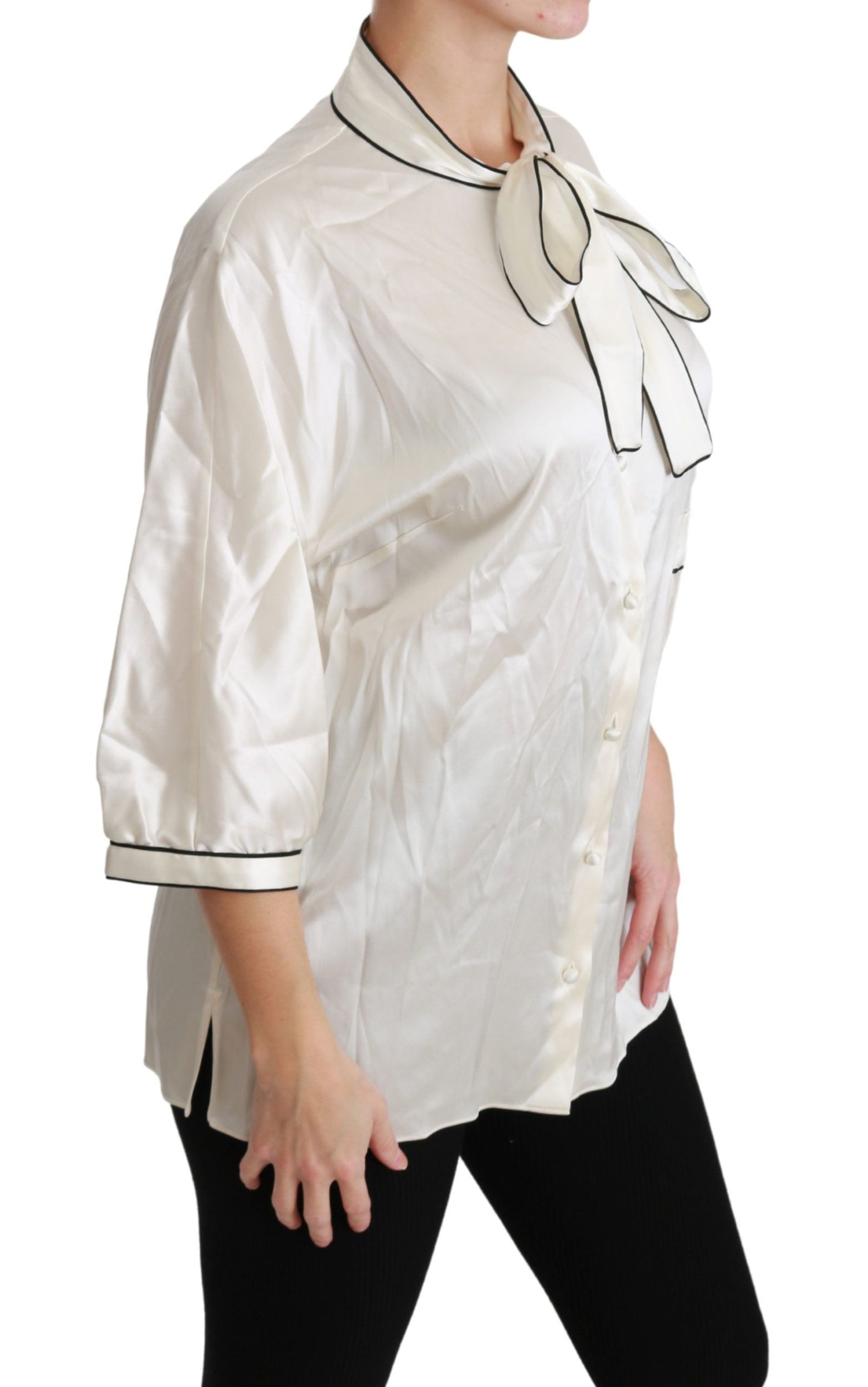 Dolce & Gabbana Elegant Beige Silk Blouse with Bow Scarf Dolce & Gabbana