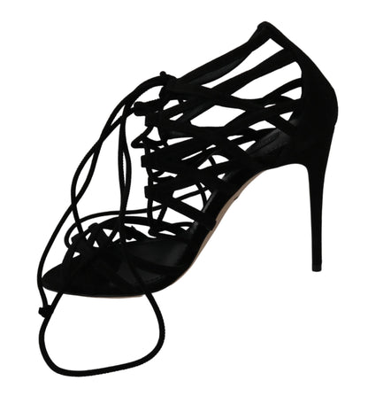 Dolce & Gabbana Elegant Black Suede Stiletto Ankle Strap Sandals Dolce & Gabbana