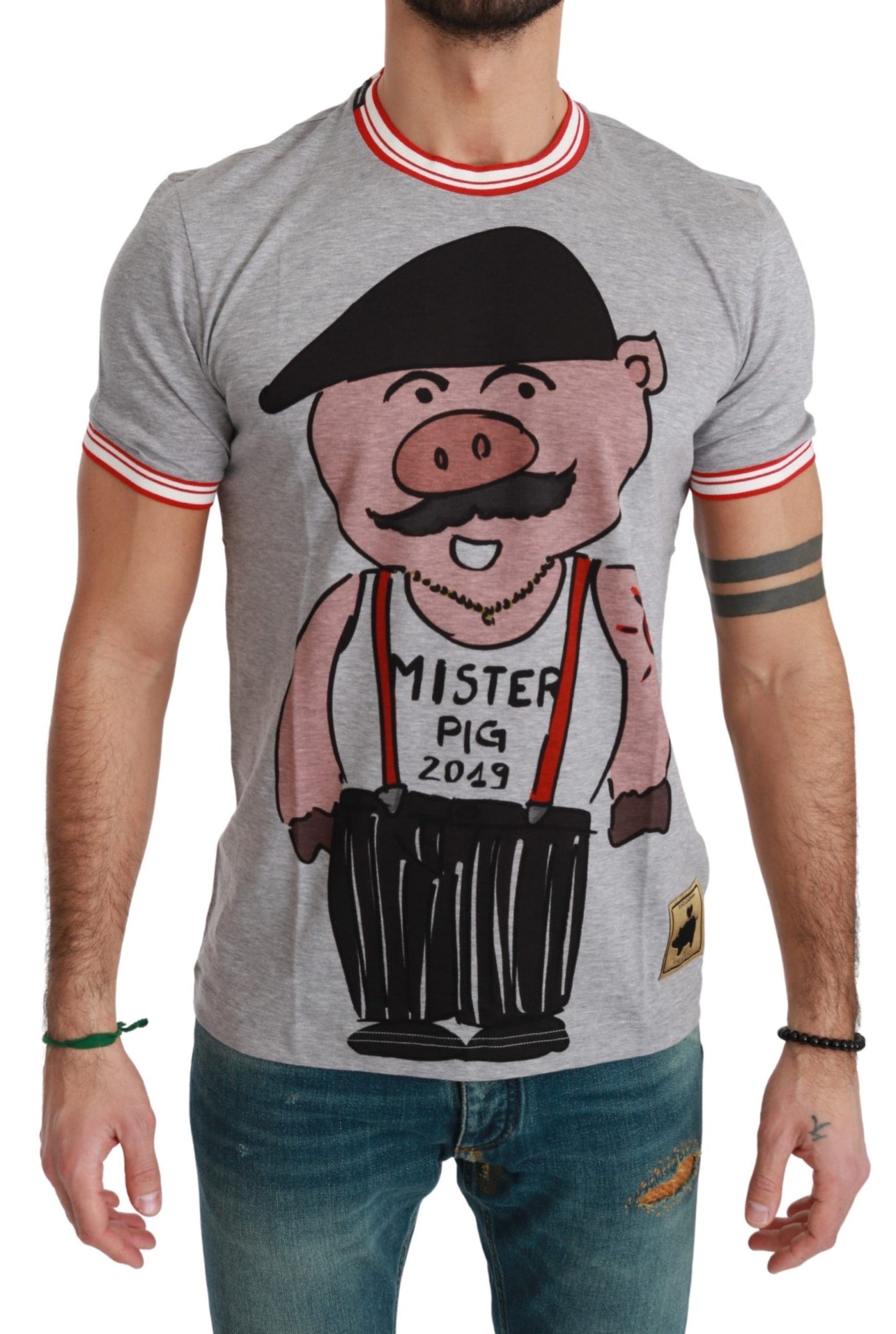 Dolce & Gabbana Chic Gray Cotton T-Shirt with Year of the Pig Motive Dolce & Gabbana