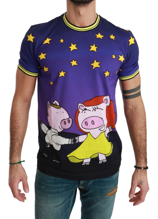 Dolce & Gabbana Purple Cotton Round Neck T-Shirt with Pig Motif Dolce & Gabbana