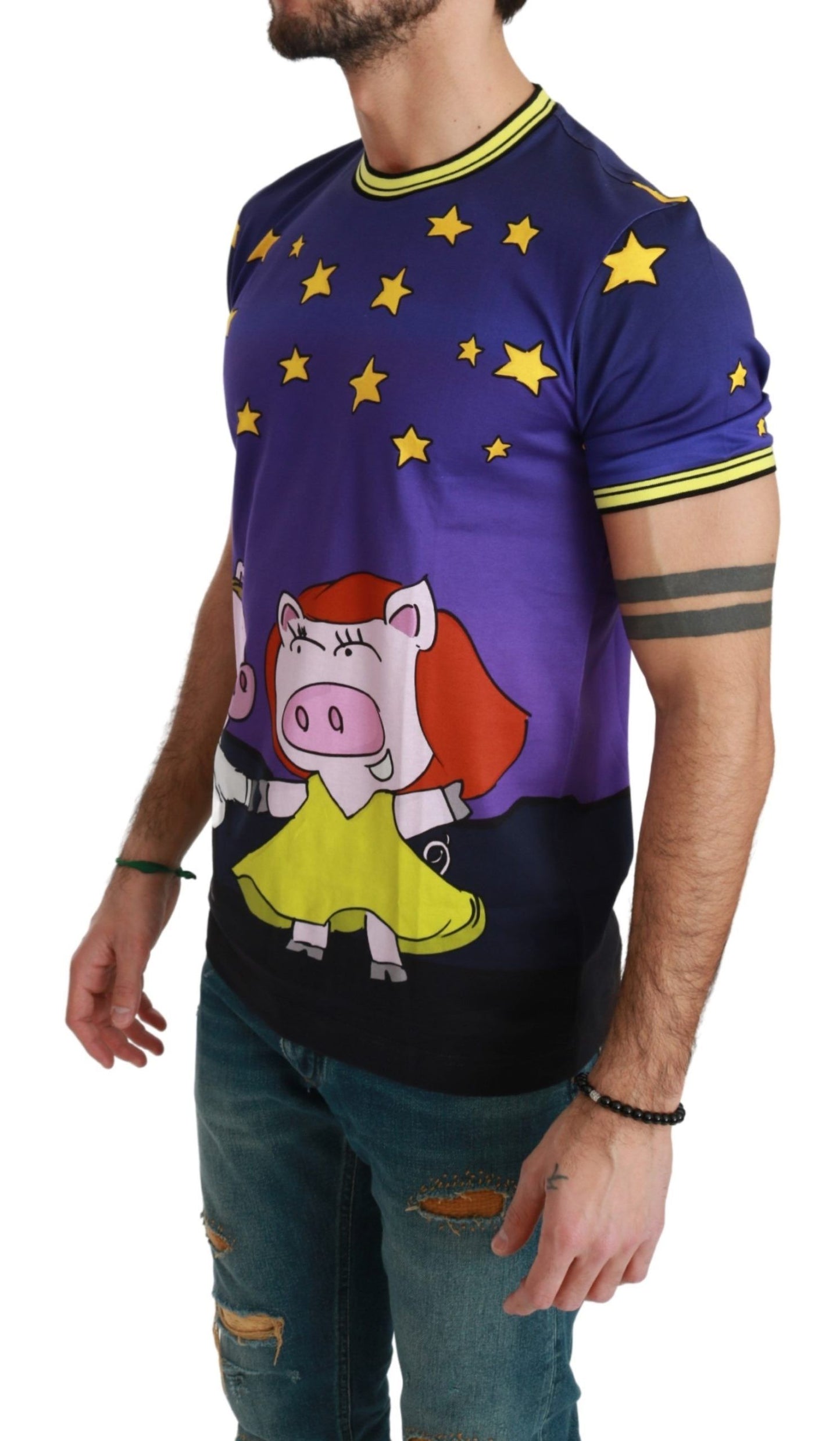 Dolce & Gabbana Purple Cotton Round Neck T-Shirt with Pig Motif Dolce & Gabbana