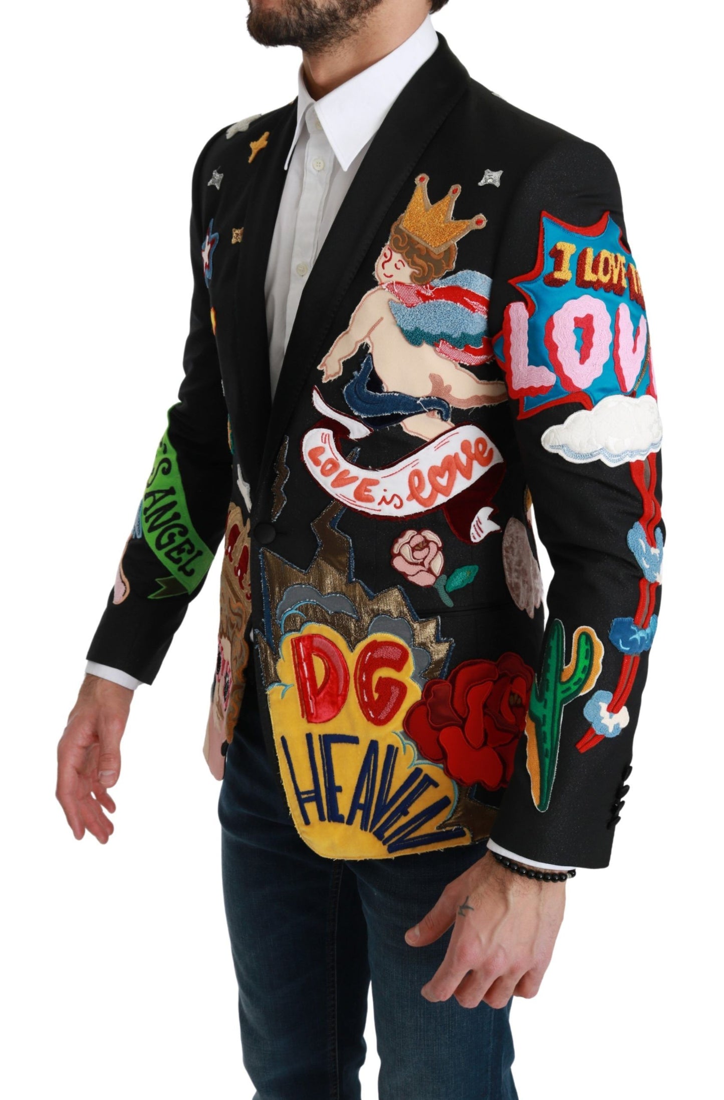 Dolce & Gabbana Chic Black Multicolor Motif Slim Fit Blazer Dolce & Gabbana