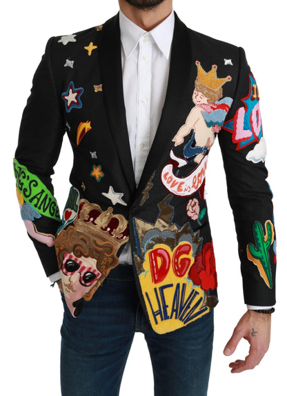 Dolce & Gabbana Chic Black Multicolor Motif Slim Fit Blazer Dolce & Gabbana